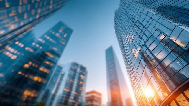 Skyward Symphony: An awe-inspiring perspective of towering skyscrapers against a vibrant sky, symbolizing ambition and urban grandeur.