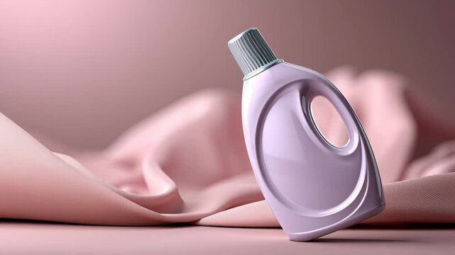 Pink liquid detergent bottle positioned on soft fabric, showcasing its unique design and contours, with gentle lighting enhancing the smooth texture of the background fabric