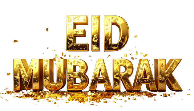 Eid Mubarak golden text isolated on transparent background, high-quality PNG with elegant metallic shine, perfect for Eid greetings, Islamic celebrations, banners, and festive designs.
