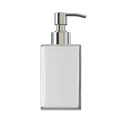 Obraz premium Elegant rectangular clear glass soap dispenser with silver pump, filled with white liquid, isolated on transparent background.