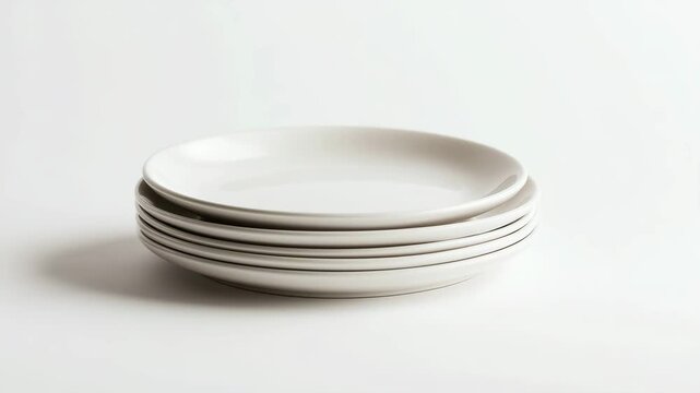Ultra HD Stack of clean white ceramic plates on a light background video