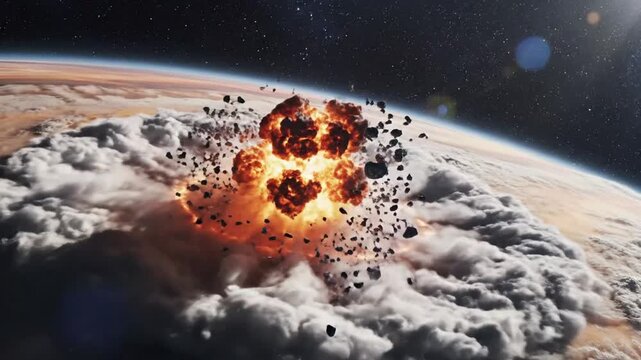 Asteroid collision with planet in space
