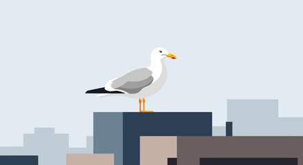 Obraz premium Seagull perched atop urban building, a Laridae camar standing alone, illustration art