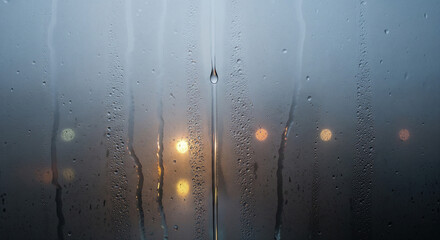 Atmospheric close up view of water droplets and condensation on a window pane with blurry city street lights bokeh in background during cold rainy night