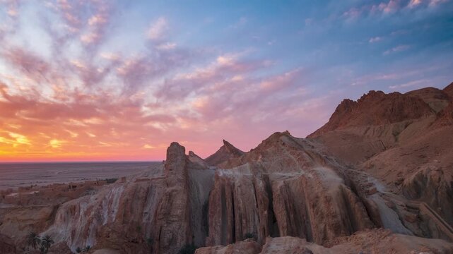 Timelapse: sunset view over the Chebika oasis in Tunisia, with dramatic rocky cliffs glowing in warm light beneath a colorful sky, highlighting desert beauty and a timeless arid landscape