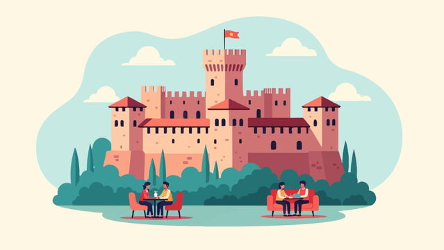A medieval fortress with people dining in front of it under a cloudy sky