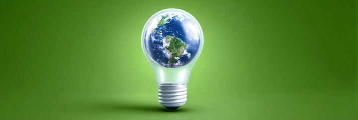 Futuristic Earth Hour symbol light bulb with Earth inside, rendered with realism against a solid green background, copy space available