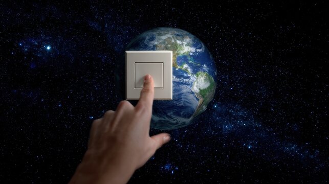 Conceptual image of Earth in space with a large wall light switch, human hand reaching to turn it off, symbolizing energy consumption impact