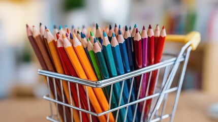 Assorted colored pencils fill a small shopping cart against a plain background with soft, even lighting