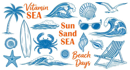 Fototapeta premium Hand Drawn Surfboard and Ocean Wave Graphics: Tropical Quote Illustrations