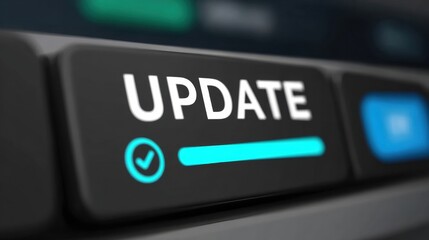 Flat update interface displays confirmation of completed software update in simple monochrome design with neutral lighting