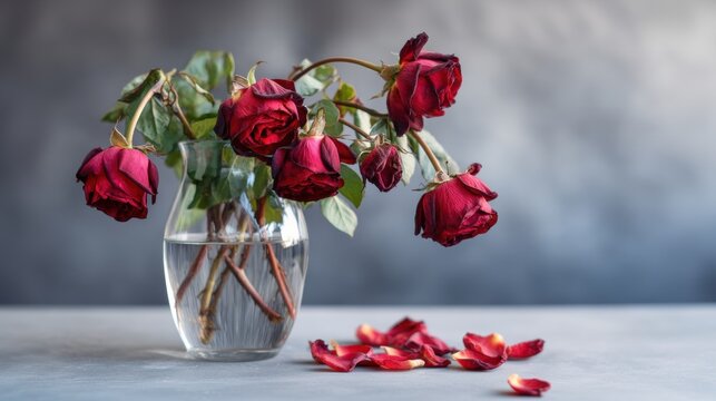 Dark red wilted roses in a clear vase with cloudy water, fallen petals on a gray surface, dramatic lighting enhances rich tones