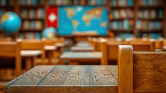 Empty Classroom: A view of an empty classroom, capturing the anticipation and readiness for learning, with neatly arranged wooden desks and chairs, a globe, and a world map in the background.