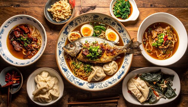Traditional Chinese New Year feast with whole fish, dumplings, noodles, stir-fried vegetables, and festive meat dishes arranged on wooden table&mdash;vibrant colors and rich textures styled for celebration.