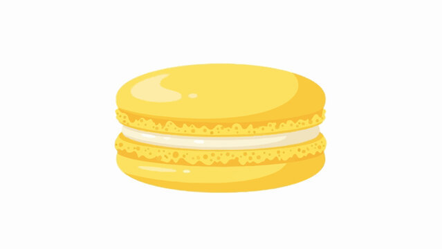 A single yellow macaron with cream filling sits on a white background