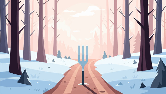 A surreal winter forest scene with a giant fork on a dirt path