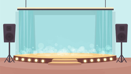 A simple, flat illustration of a stage with curtains and speakers