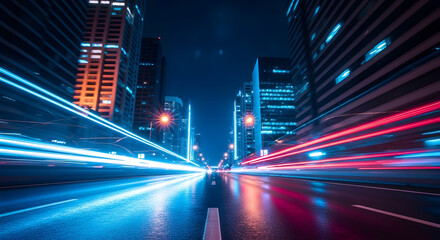 A city street at night with vibrant light trails from moving vehicles and illuminated skyscrapers in a modern metropolis