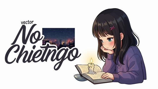 A thoughtful girl reads by candlelight near a city skyline