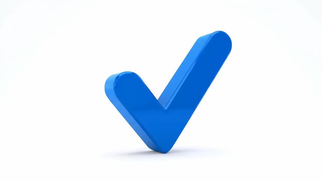 Blue Check Mark Symbol on White - A 3D video of a blue check mark icon symbolizes approval and confirmation. It is placed on a white backdrop, creating a clean and modern illustration.