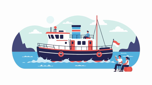A tugboat sails on the water near mountains with two people relaxing