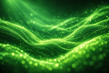 Glowing green light particles flowing in abstract waves