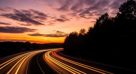 A serene highway scene at sunset with vibrant orange and purple hues in the sky and streaks of light from passing vehicles