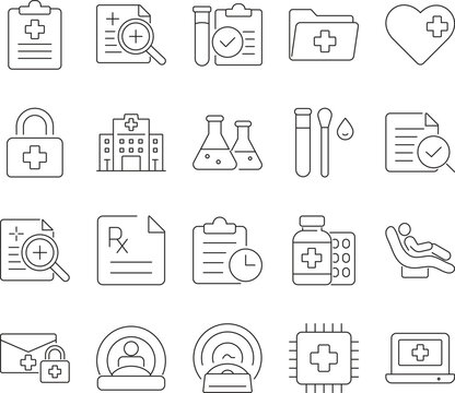 Minimalist thin line medical report icon set with editable stroke, featuring records, diagnosis, test results, lab analysis, prescriptions, secure digital healthcare and hospital documentation icons.