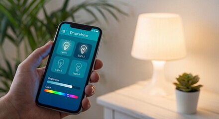 Person Controlling Smart Lamp with Mobile App - Home Automation and IoT Lighting Concept
