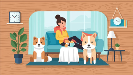 A woman relaxes on a couch with her two corgi dogs and snacks in a cozy room