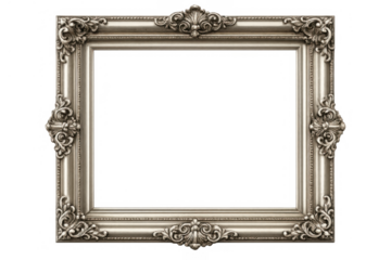 Ornate antique silver picture frame with carved scrollwork, elegant vintage design on transparent background