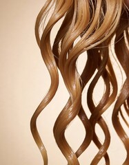 Hyper-realistic studio photography of hair textures, a lock of wet curly  blond hair against light beige gradient background