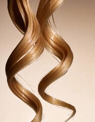 Hyper-realistic studio photography of hair textures, a lock of wet curly  blond hair against light beige gradient background