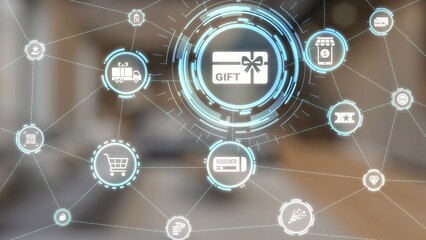 Digital gift card icons show e-commerce, payment, and digital gift card redemption. Digital gift card supports online shopping, secure payment, and customer loyalty programs. Gist