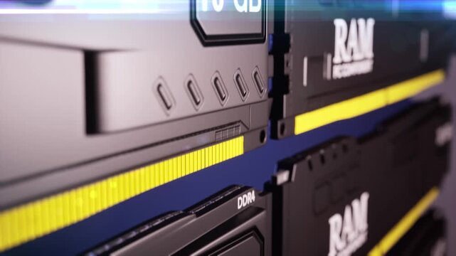 3d render animation of ram memory computer components. Aligned in columns with 4gb 8 gigabites 16 and 32 digital capacity