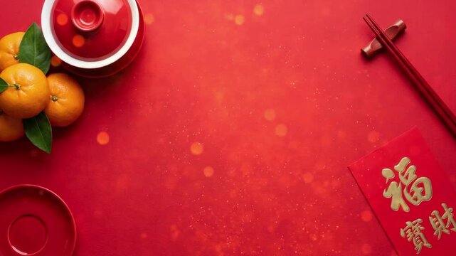 Vibrant Chinese New Year decorations featuring gold patterns and red ornaments create a festive holiday celebration with ribbons, bows, and elegant gift boxes for a beautiful winter design