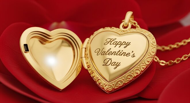 Exquisite open gold heart locket featuring engraved calligraphy wishing happy valentine's day rests upon soft red fabric.