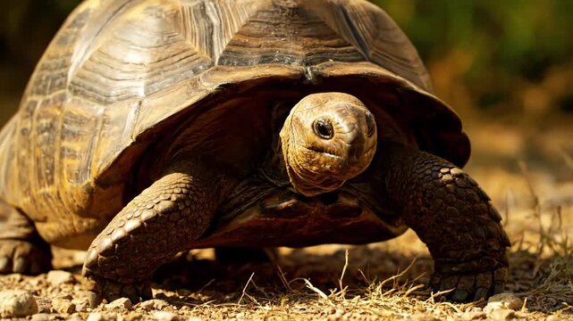 Tortoise Walking in Sunlight Close Up - A close up shot shows a tortoise walking in the sunlight. The tortoise's shell is visible, and its head is turned slightly towards the camera.