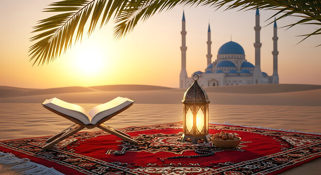 An open holy quran with an illuminated lantern and mosque in desert at golden sunset - Powered by Adobe