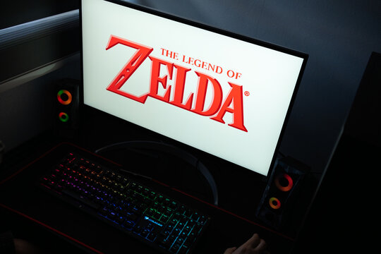 Punta Arenas, Chile &ndash; January 20, 2026: A desktop monitor featuring the stylized The Legend of Zelda wordmark alongside glowing computer peripherals