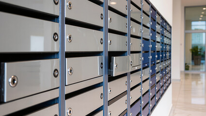 Modern metal mailboxes installed in building lobby, organized in grid along wall, featuring secure locks and mail slots, representing shared postal system and building infrastructure