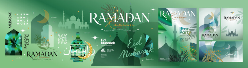 Ramadan Kareem and Eid Mubarak. Vector abstract modern illustrations of a mosque silhouette, window, arch, crescent moon, and lantern for icons, greeting card, iftar invitation, and poster
