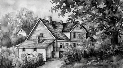 A serene countryside scene with a prominent two-story house at its center.