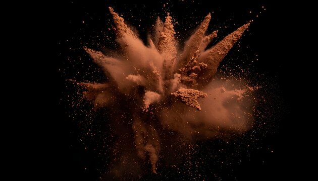 Dark brown cocoa powder exploding on black background - Powered by Adobe