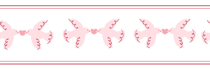 Valentine horizontal frame with flying love birds holding hearts. Decorative border with copy space in soft pink tones. Vector hand drawn illustration for cards, invitations, headers, romantic design
