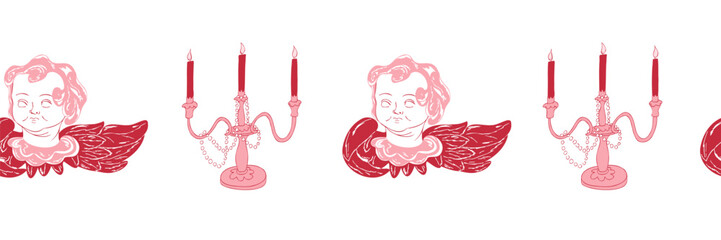 Seamless border frame with antique vintage candelabra and cherub angel. Vector hand drawn illustration for cards, invitations, headers, Washi tape, scrapbooking, adhesive tape