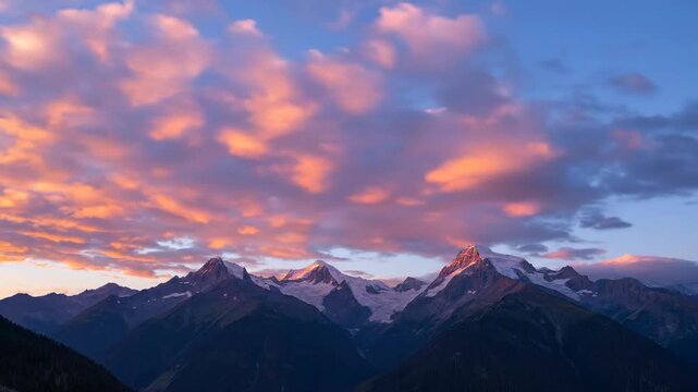 Mountains Landscape under Colorful Cloudscape - This scenic landscape photograph features snow-capped mountains under a beautiful colorful cloudscape at sunset.