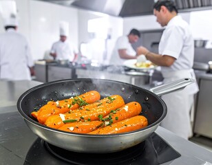 Kitchen scene with chefs preparing firefly carrots in a busy restaurant during rush hour service