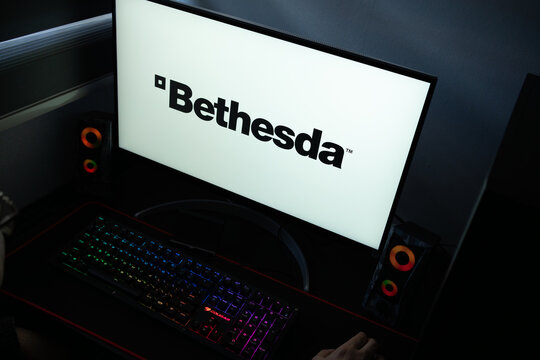 Punta Arenas, Chile &ndash; January 20, 2026: Bethesda Softworks corporate logo displayed on a computer monitor in a dark gaming room setup