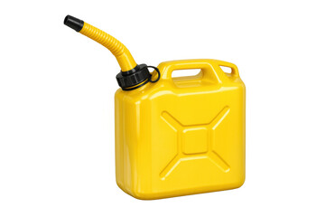 Yellow plastic gas can with a flexible pouring spout, holding fuel or gasoline for vehicles and equipment, transparent background
